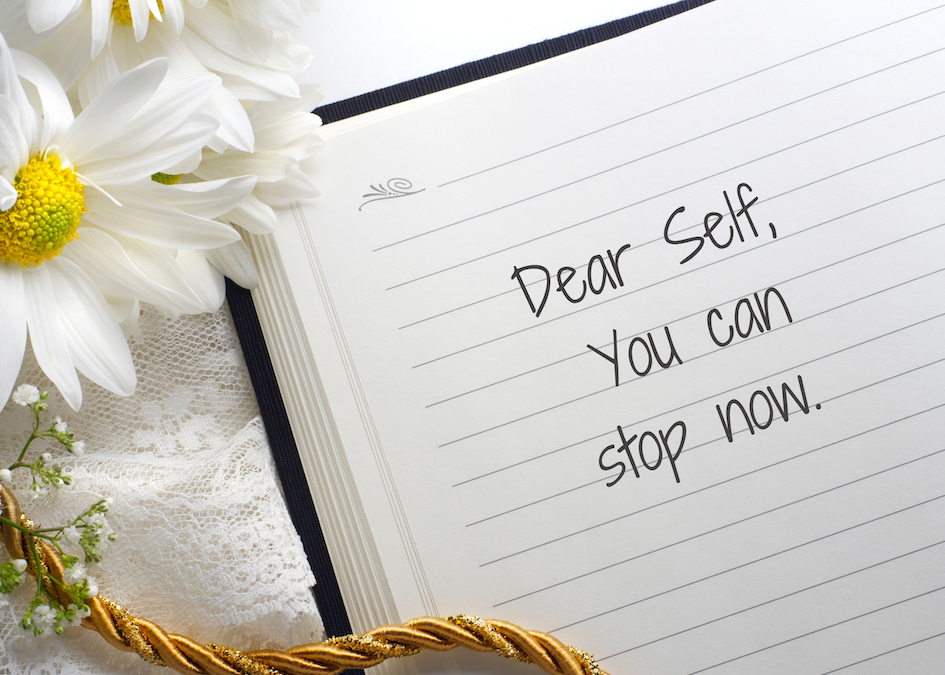 note to self reading "dear self, you can stop," depicting attempt to overcome people pleasing